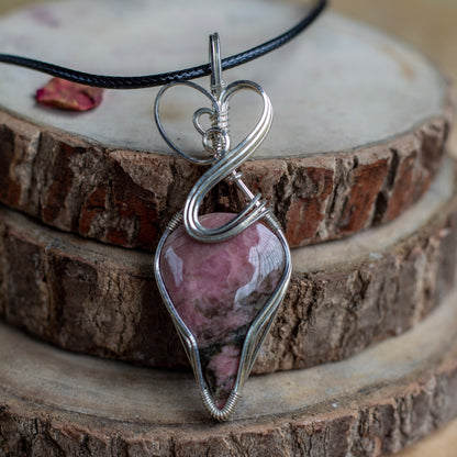 Rhodonite Wire Wrapper Pendant with Black Cord Attract Love in general & Promotes inner Peace