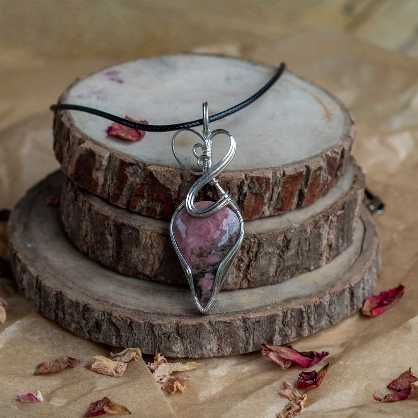 Rhodonite Wire Wrapper Pendant with Black Cord Attract Love in general & Promotes inner Peace