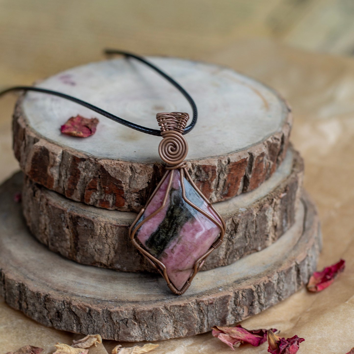 Rhodonite Copper Wire Wrapper Pendant with Black Cord Attract Love in general & Promotes inner Peace