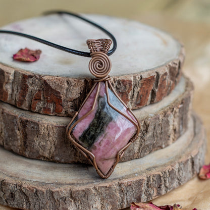 Rhodonite Copper Wire Wrapper Pendant with Black Cord Attract Love in general & Promotes inner Peace