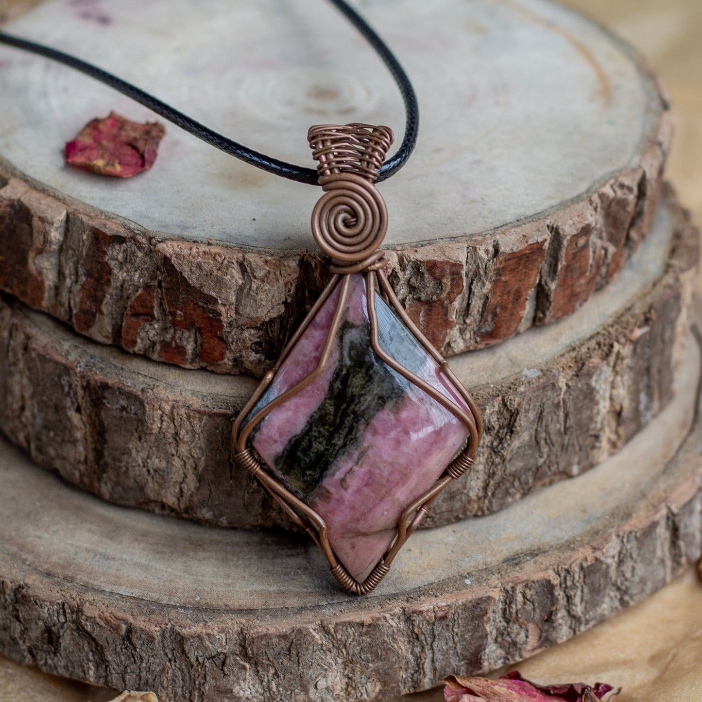 Rhodonite Copper Wire Wrapper Pendant with Black Cord Attract Love in general & Promotes inner Peace