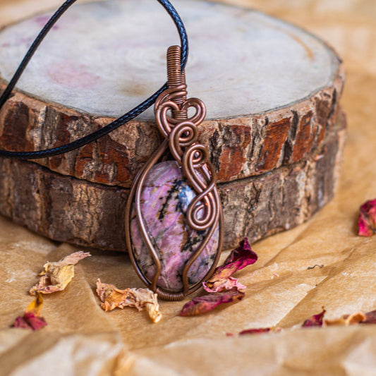 Rhodonite Copper Wire Wrapper Pendant with Black Cord Attract Love in general & Promotes inner Peace