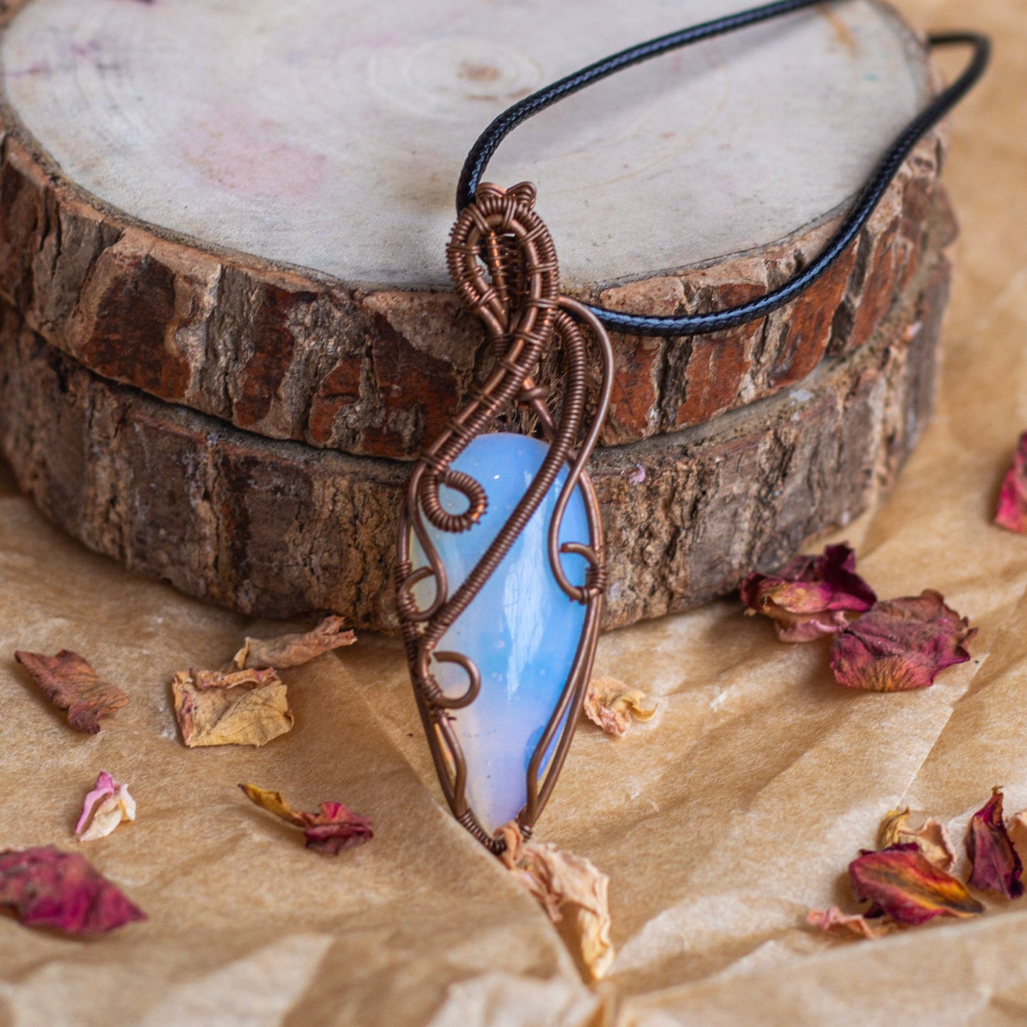 Opalite Copper Wire wrapped Pendant with Black Cord | Strengthen Relationship