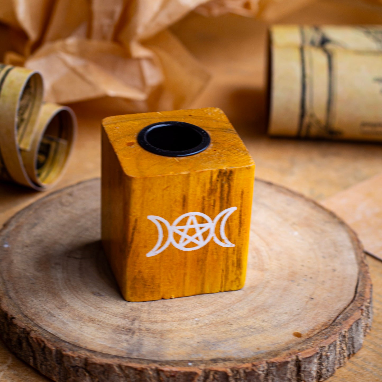 Wooden Chime Candle Holder with Pentacle Print