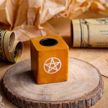 Wooden Chime Candle Holder with Pentacle Print