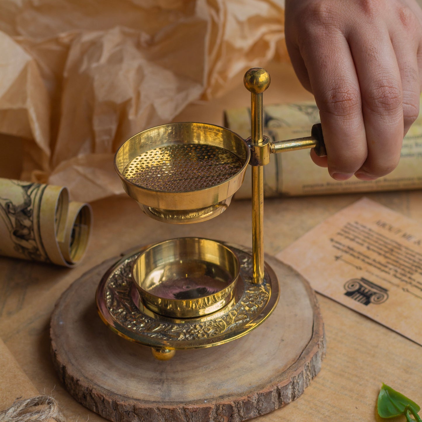 Gold Finish Incense Holder with wooden handle