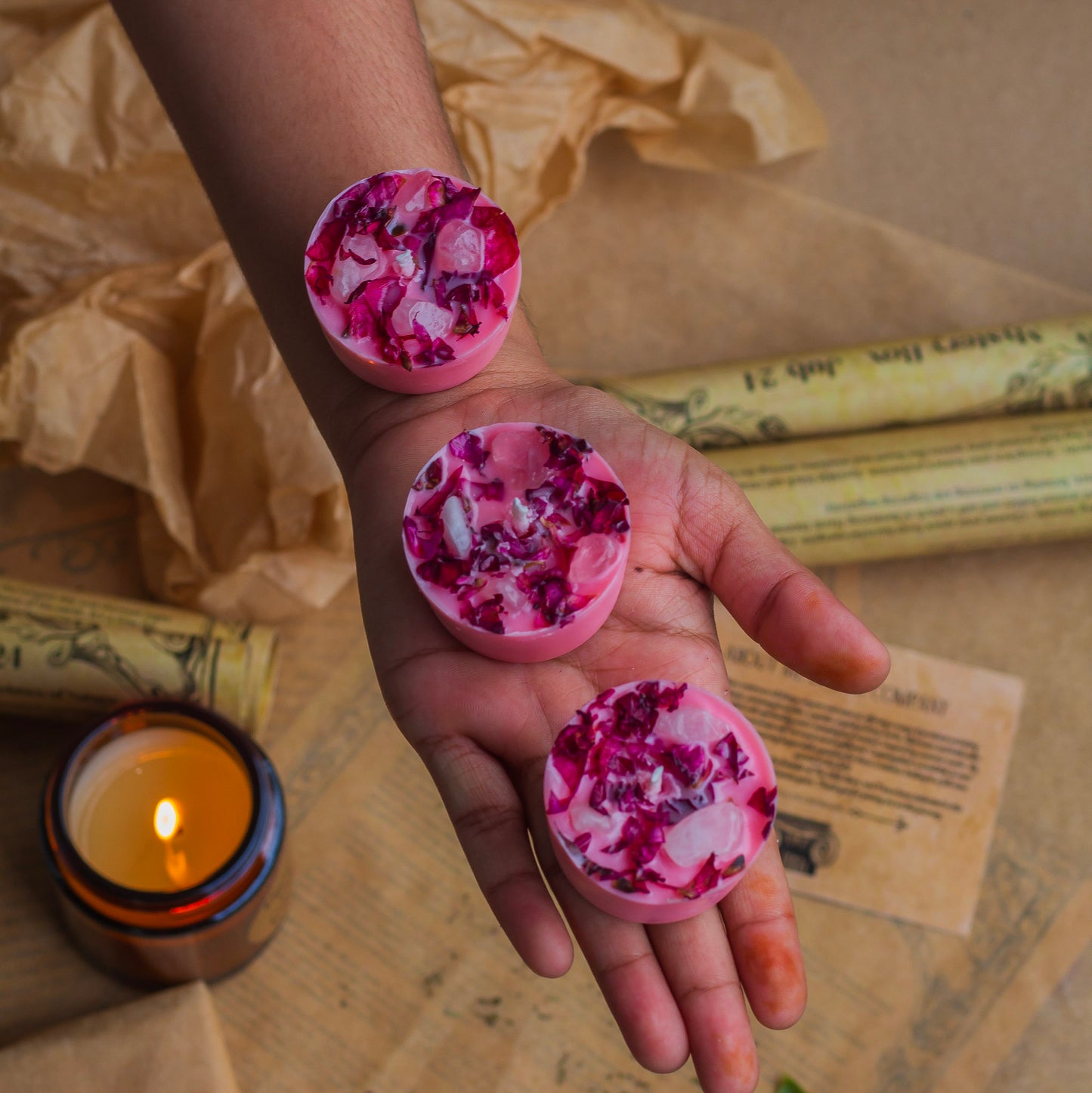 Rose Petals + Rose Quartz + Pink Scented Soy Wax Tealight Candles- Set of 8 | Available in Glass Container & Refill