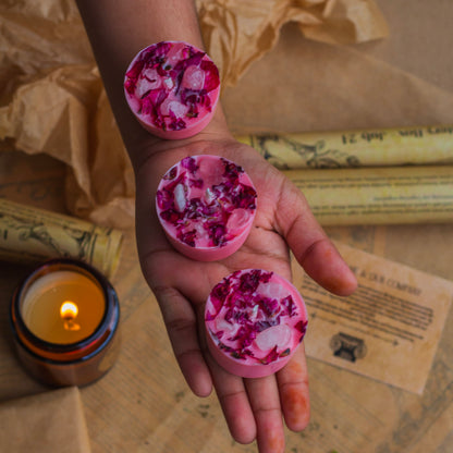 Rose Petals + Rose Quartz + Pink Scented Soy Wax Tealight Candles- Set of 8 | Available in Glass Container & Refill