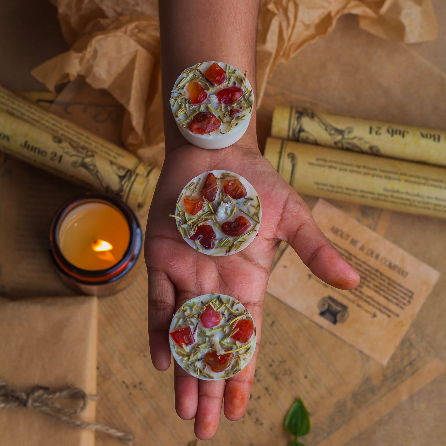 Orange Carnelian + Rosemary Soy Wax Tealight Candle - Set of 8 | Available in Glass Container & Refill