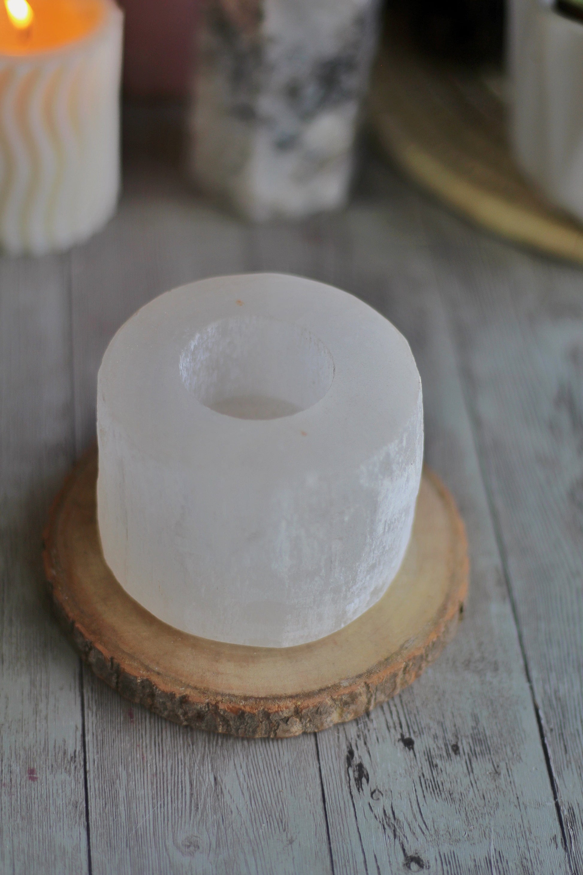 Round Selenite Candle Holder Crystal & Stones
