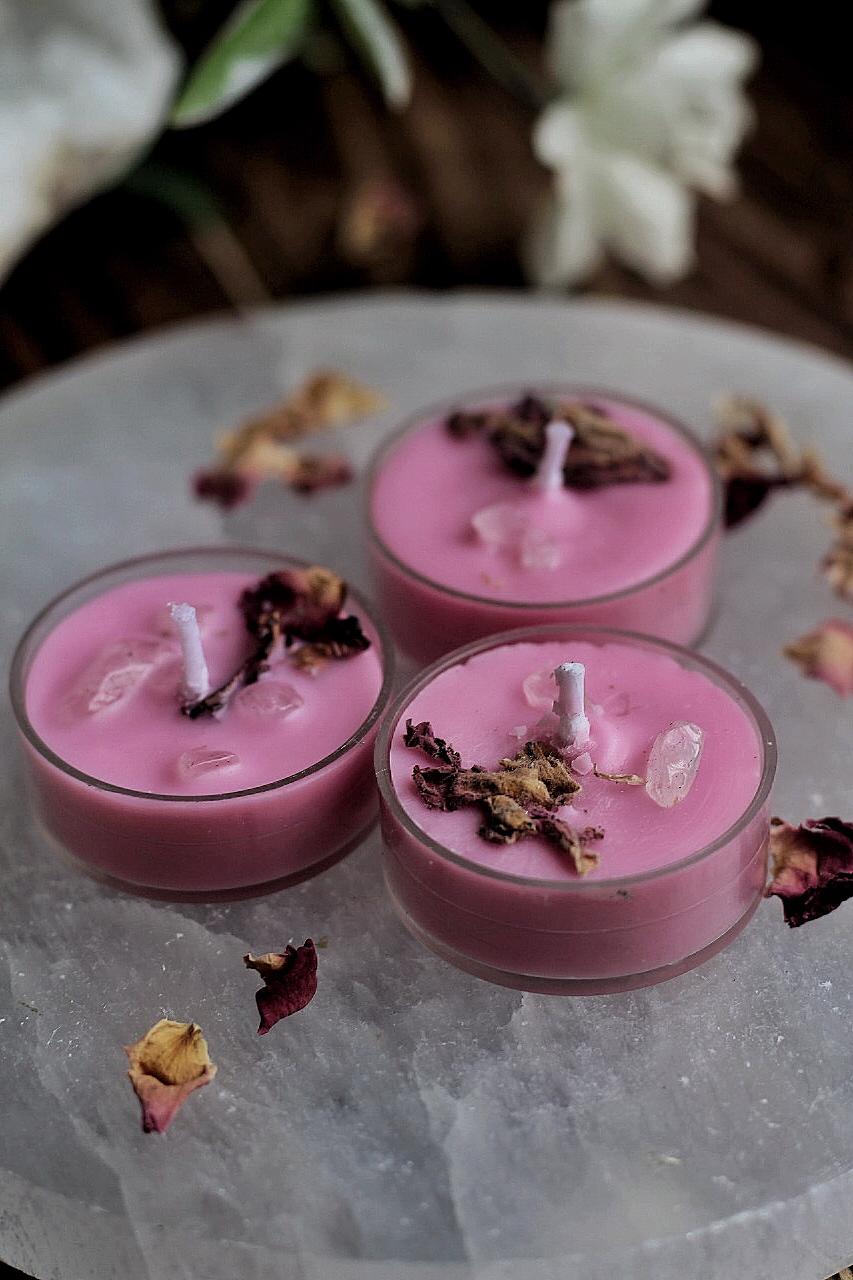 Pink Scented Tea Light Candles - Rose Petals & Quartz Set Of 8 Candle