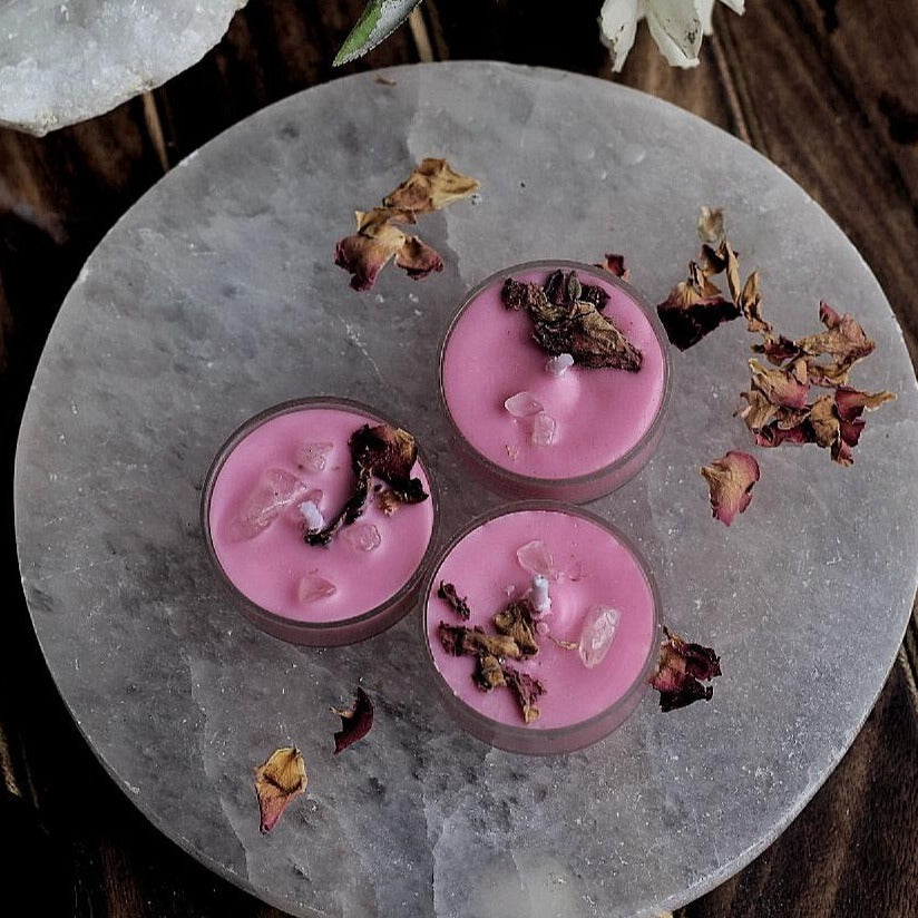 Pink Scented Tea Light Candles - Rose Petals & Quartz Set Of 8 Candle
