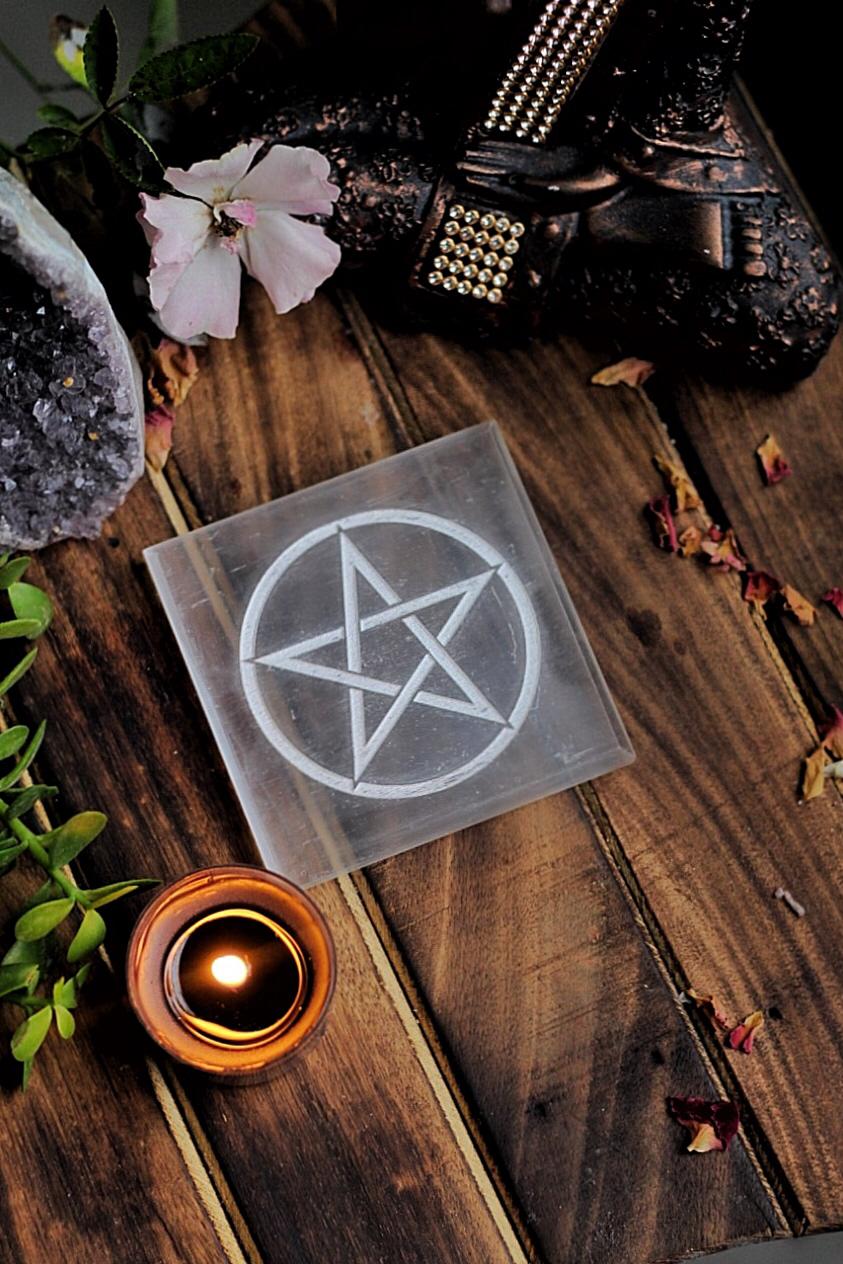 Selenite Plate With Symbol Of Pentacle Crystal