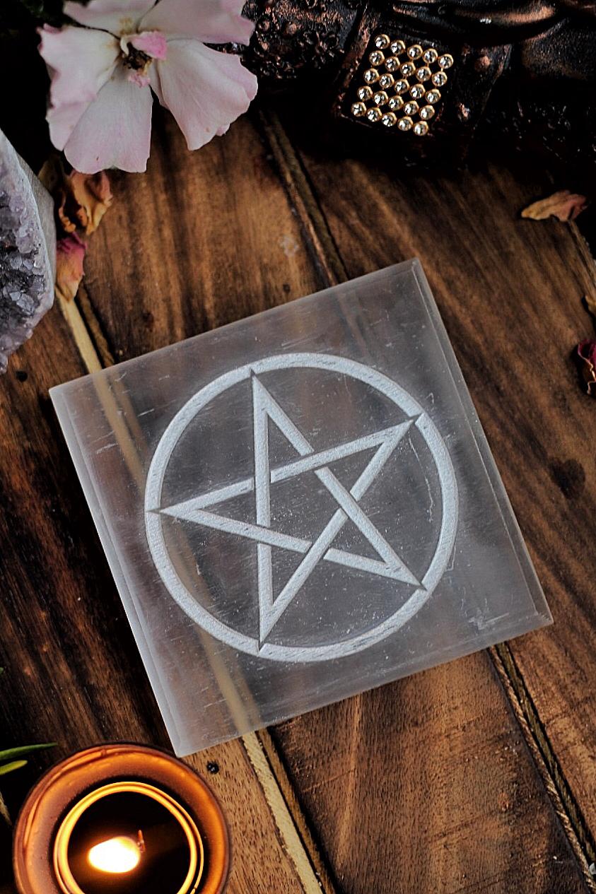 Selenite Plate With Symbol Of Pentacle Crystal
