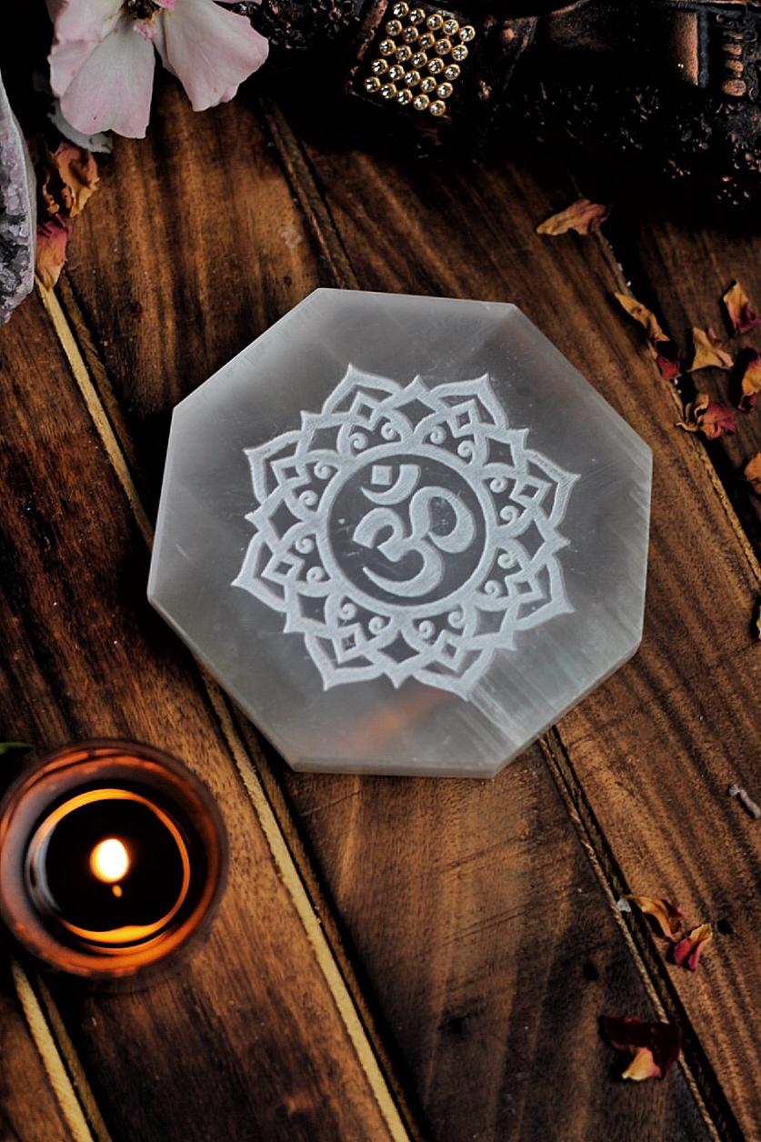 Selenite Charging Plate With The Symbol Of Om | Crystal