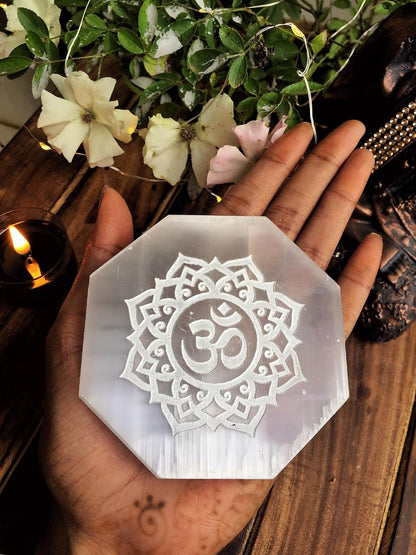 Selenite Charging Plate With The Symbol Of Om | Crystal