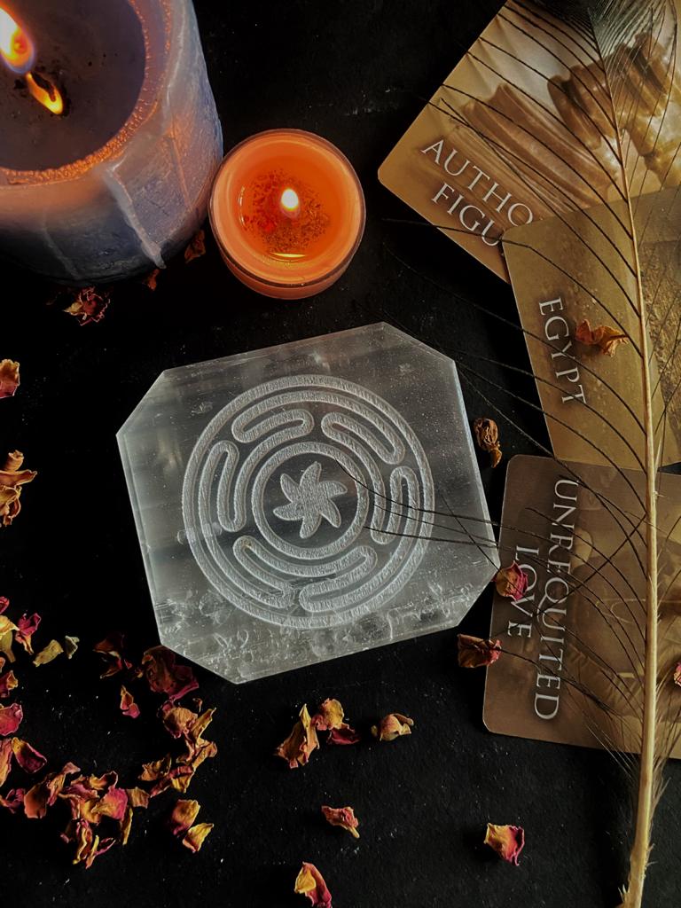 Selenite Plate With Symbol Of Hecate Circle Crystal