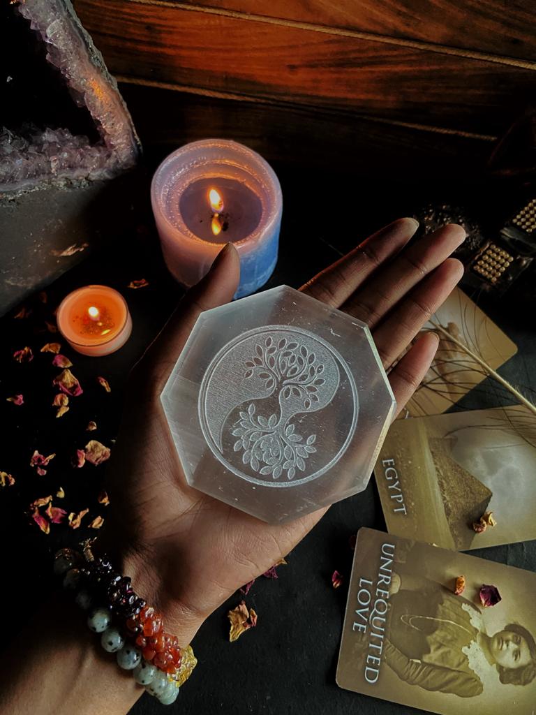 Selenite Plate With Symbol Of Yin Yang Crystal