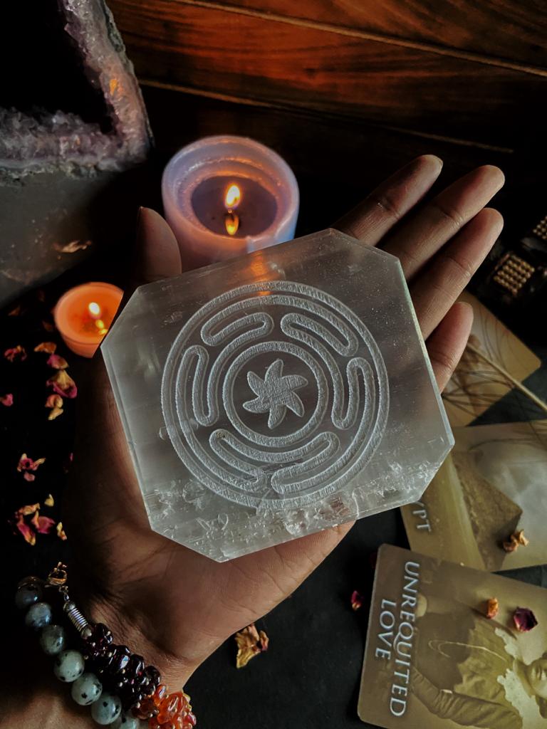 Selenite Plate With Symbol Of Hecate Circle Crystal