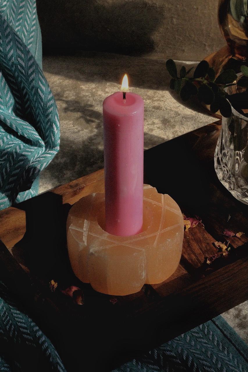 Hexagram Of Solomon Symbol Carved Orange Selenite Candle Holder Crystal & Stones