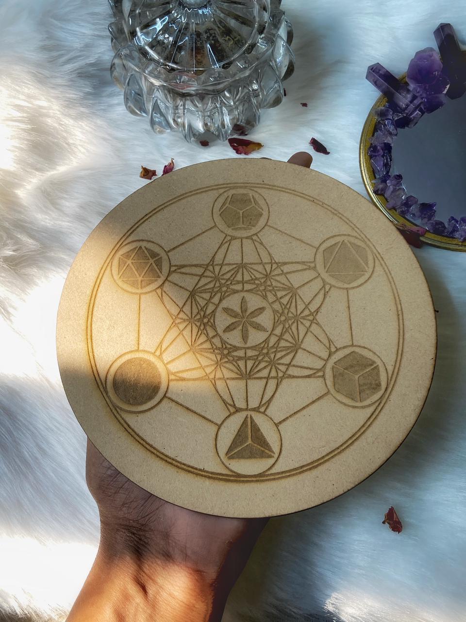 Crystal Grid Metatron Engraved on Acacia Wooden Board popular