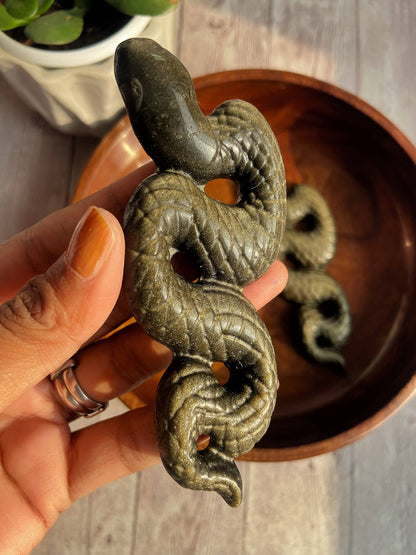 Gold Obsidian Snake Carving Crystal & Stones
